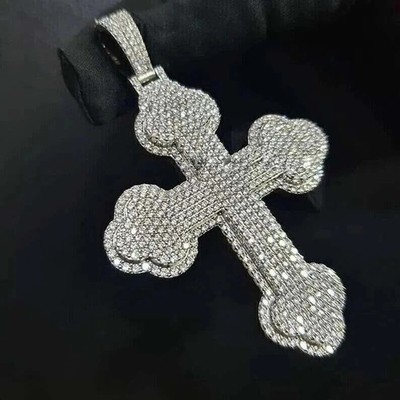 Men's 4.00 Ct Round Cut Real Moissanite Cross Pendant 14K White Gold Plated 925