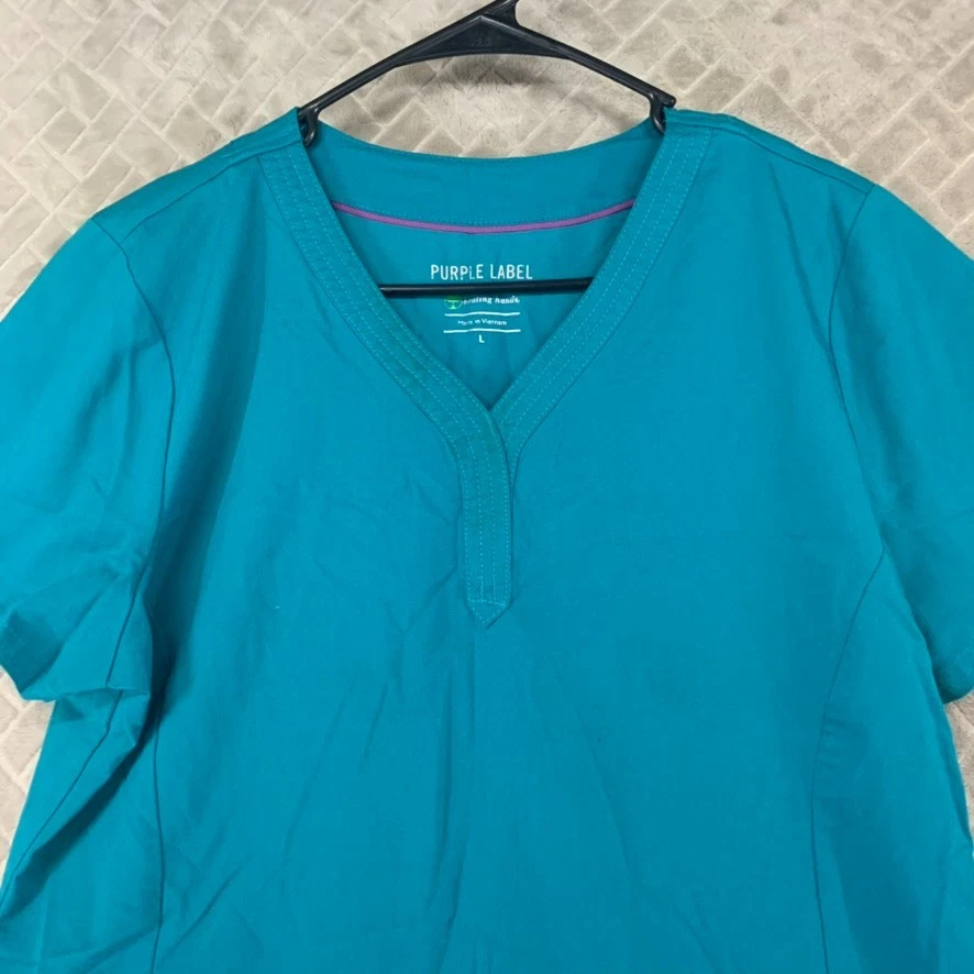 Purple Label Womens Large Scrub Top Teal Blue Short Sleeve Cargo Pockets Stretch - Image 2 of 4