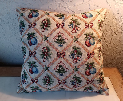 Christmas Tapestry Accent Throw Pillow Ornaments Candy Canes Bells Bows 17x17