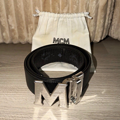 MCM Men s Black Dress Belt Size 36 Adjustable Logo Silver M Buckle w/ Dust Bag.