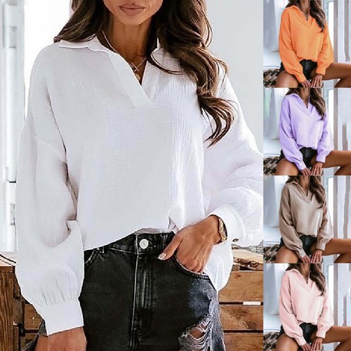 Womens Long Sleeve Shirts Lapel Collar V Neck Long Sleeve Casual Loose Shirts