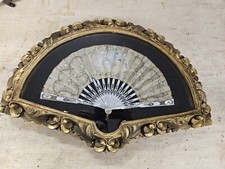 Antique Victorian French Hand Fan in Shadow Box - Man Courting Woman