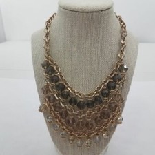 Beaded Statement Necklace Chain Gold Tone Gray Layered Faceted Big Chunky