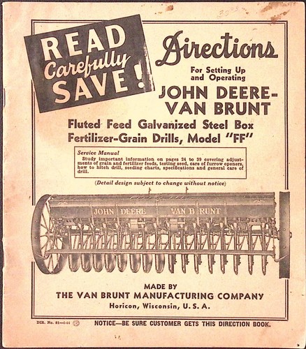 1944 John Deere Van Brunt Fluted Feed Fertilizer Grain Drills Model FF Manual