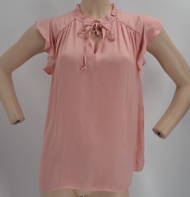 ''LOFT'' PINK SATIN RUFFLED POPOVER TIE NECK SWING TRAPEZE BLOUSE TOP SIZE: L NWT
