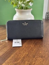Kate Spade Lena Large Continental Wallet Pebbled Leather Black Zip Around KH786