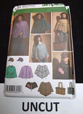 SIMPLICITY UNCUT Pattern 4431 Size XS-XL Misses Poncho Cape Capelet Tote Hat