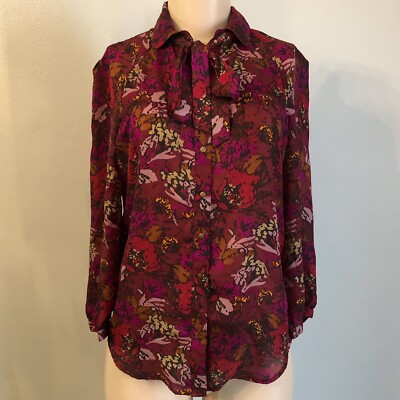Fossil Floral Button Down Tie Neck Blouse Women s Sz XS EUC