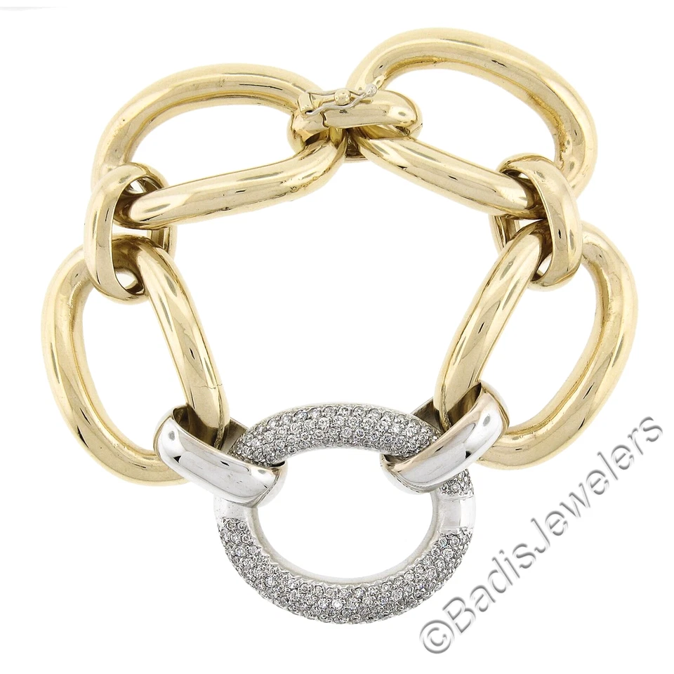 14K TT Gold Large Open Oval Link w/ 2.0ctw Pave Diamonds Center Link Bracelet - Image 2 of 4