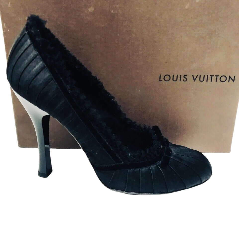 Louis Vuitton black satin 4.5 inch pump with ruffle and bow