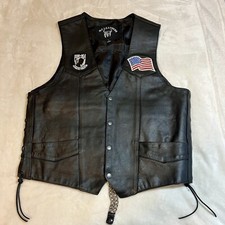 MC Leathers Black Leather Biker Vest POW MIA USA Flag Snap Chain Side Lace Large