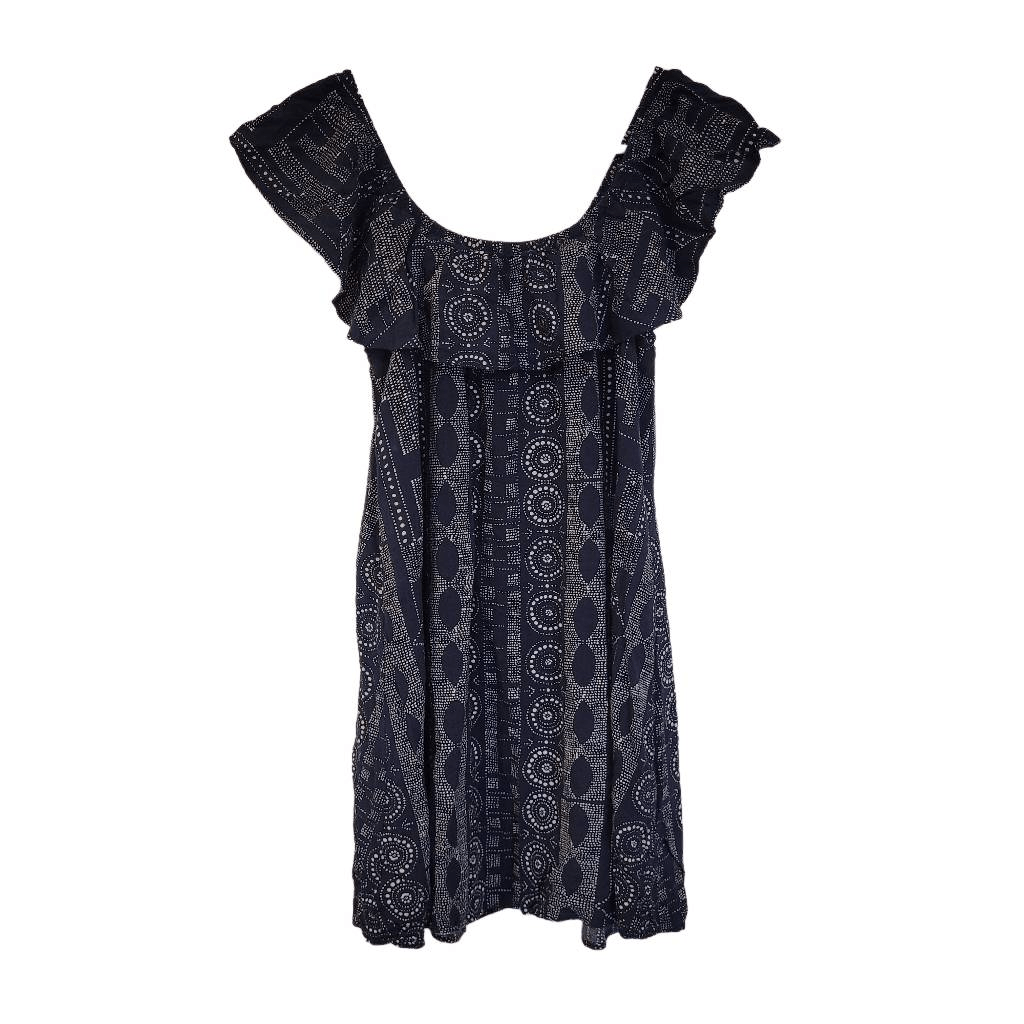 navy off the shoulder summer dress BOHO OFF SHOULDER NAVY + WHITE PRINT RUFFLE MIDI/ MAXI DRESS