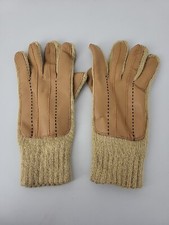 Vtg Mens KNIT WINTER GLOVES Tan Light Brown Acrylic One Size Vinyl Palm