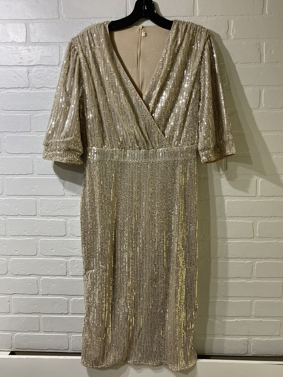 NEW JOYFUNEAR Surplice Neck Split Back Sequin Bodycon Dress - Champagne -  XL | eBay