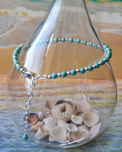 4mm Turquoise Bead and 3mm Sterling Silver Bead Ankle Bracelet 9 to 11 Inches - Picture 2 of 12