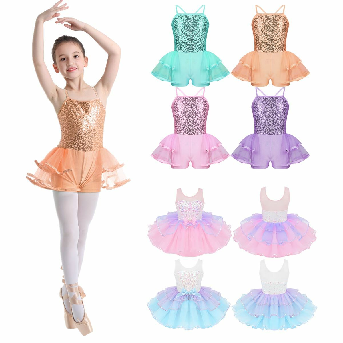 Kids Girls Shiny Sequins Mesh Splice Ballet Dance Dress Tutu
