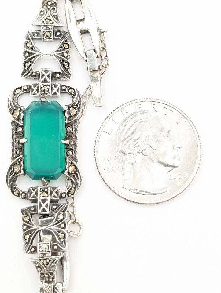 Brazalete Vintage Art Deco Grabado Esmeralda Marcasita Plata de Ley 15g Foto 4 de 4