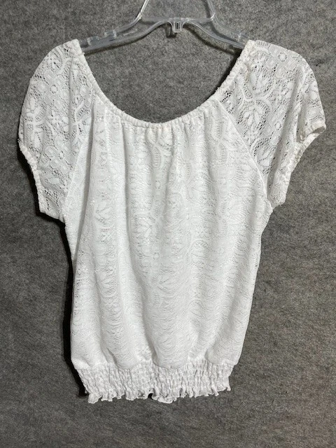Bobbie Brooks Blouse Womens L Lace Scoop Neck Cap Sleeve White - Image 2 of 4