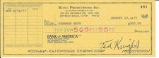 TED KNIGHT SIGNED BANK CHECK AUG 15, 1977 TED...