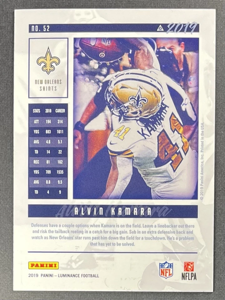 Alvin Kamara 2019 Panini Luminance Gold 126/275 #52 – Saints RB – SP Parallel - Image 3 of 3