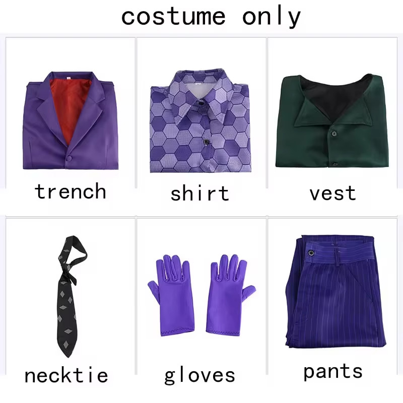 Disfraz de Cosplay del Joker - Conjunto Completo de Traje con Abrigo, Chaleco y Corbata para Hombre Hallowee