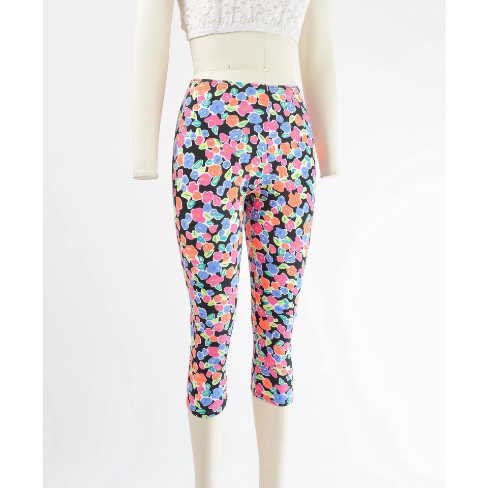 Винтажные яркие укороченные брюки-капри с цветочным рисунком эластичные хлопковые леггинсы из спандекса XS - Изображение 3 из 4