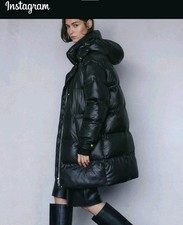 MASSIMO DUTTI WOMAN NEW HOODED PUFFER COAT BLACK GOLD SNAPS SZ L 6710/603