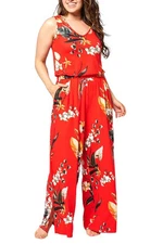 Bumblebella Jill Martin Women's Dreamy Jersey V-Neck Jumpsuit Red Tropical