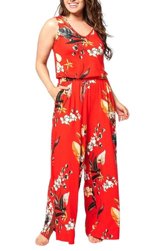 Bumblebella Jill Martin Women's Dreamy Jersey V-Neck Jumpsuit Red Tropical - Picture 1 of 1