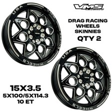 2 15x3.5 Vms Racing Rocket Drag Skinnies Black Rims Wheels 5x100 5x114.3 Et 10