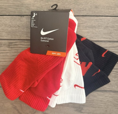#ad Men’s Lg NWT NIKE Crew Socks 3prs DRI FIT Cushion White Black Red Swooshes $23.00