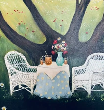 'Summer Shade" Primitive Original Oil on canvas, UnFramed, 20" x 20"