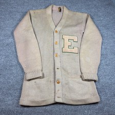 Vintage Lamb Knit Wool Letterman 50s Cardigan Sweater Tan Men Size 38 Patch E