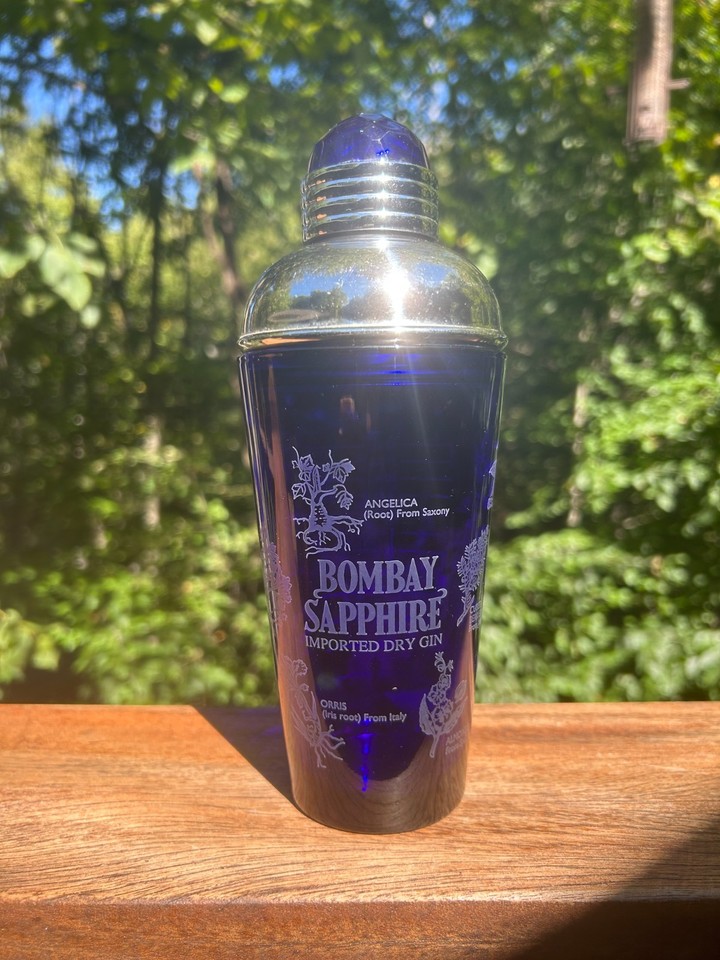 Vintage Bombay Sapphire Gin Cocktail Shaker Cobalt Blue Glass Jewel Top 8.75"
