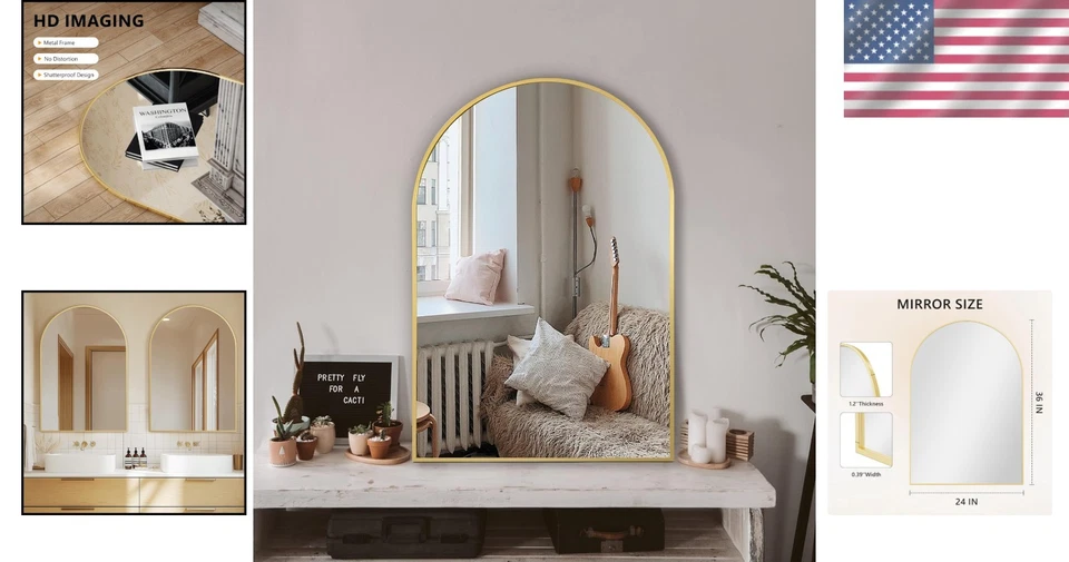 Arched Wall Mirror 24x36 Gold Framed Shatterproof Bathroom Vanity Mirror - Image 2 of 4
