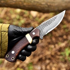 Custom Handmade Hunting Knife Full Tang Acid Wash Micarta Handle Leather Sheath