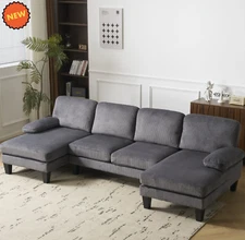 4 Seat Upholstered U-Shaped Sectional Corduroy Sofa Set 2 Chaise Living Room NEW