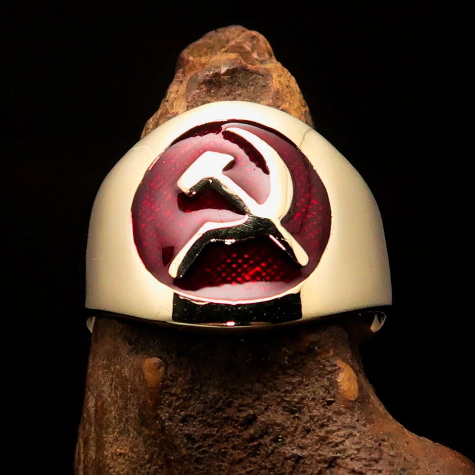 ROUND MENS BRASS COMMUNIST COSTUME RING HAMMER SICKLE SEAL RED SIZE 12 - Image 2 of 4