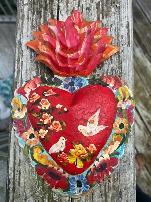 Corazon Heart with Banner 3D Mexican Handmade Painted Tin Milagro