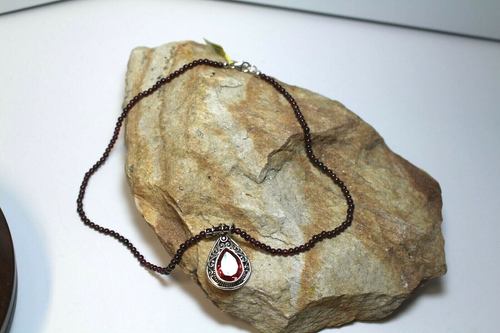 Salmon Quartz Necklace 18" chain made of garnets NWT .925 Sterling Silver  - Picture 2 of 6