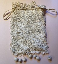 Antique White Reticule Crochet Purse Floral motif with drawstring and lining 5x6