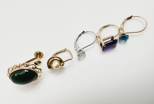 5 SINGLE - 10K 14K Gold Amethyst, Jade, Topaz, CZ, Pearl Leverback Earrings 3.8g - Picture 7 of 16