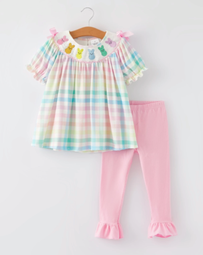 NEW Boutique Easter Outifit Toddler Girls Smocked Peeps Bow Plaid Colorful