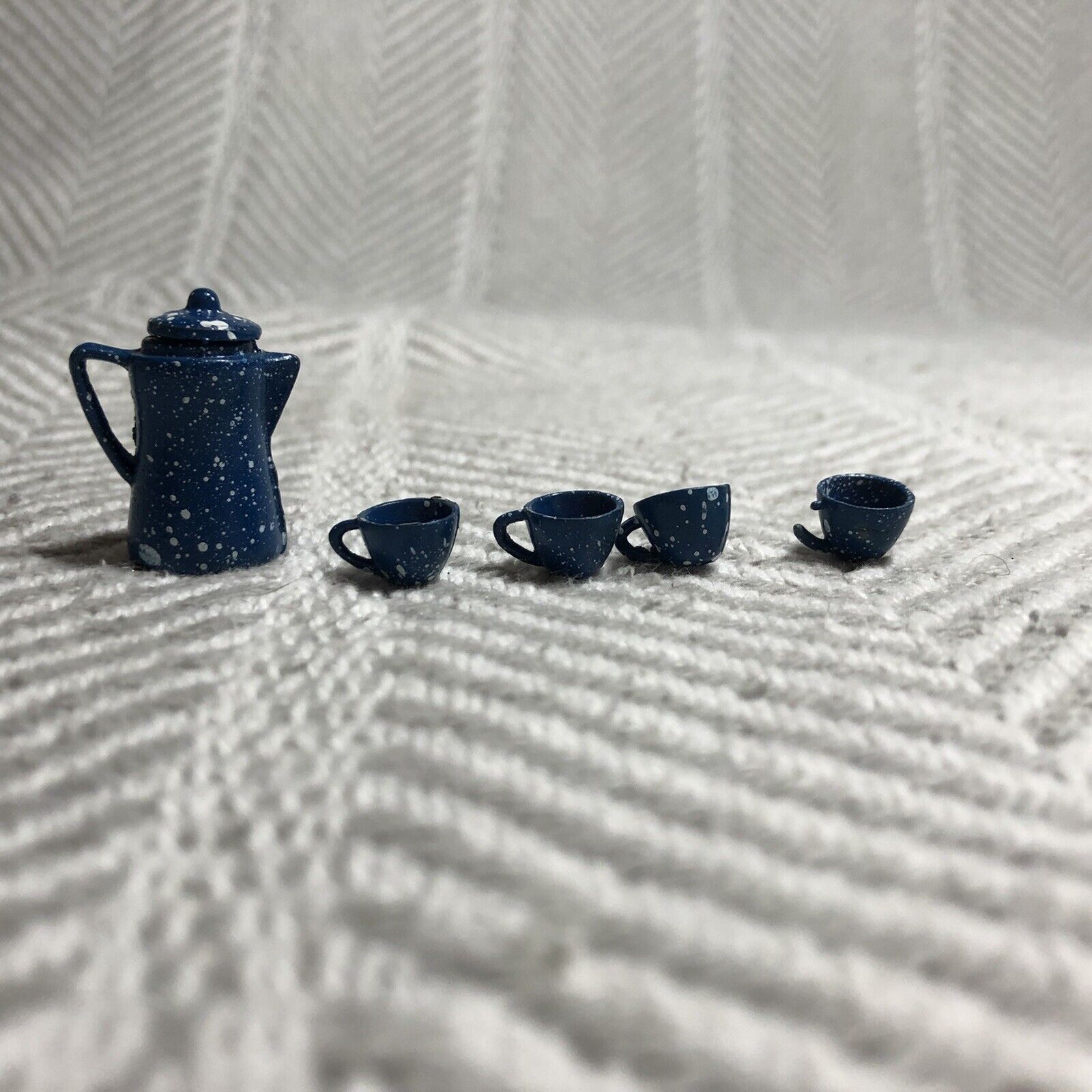 Tiny Blue Enamelware Miniature Pitcher & Cups Dollhouse Shadow Box Fairy