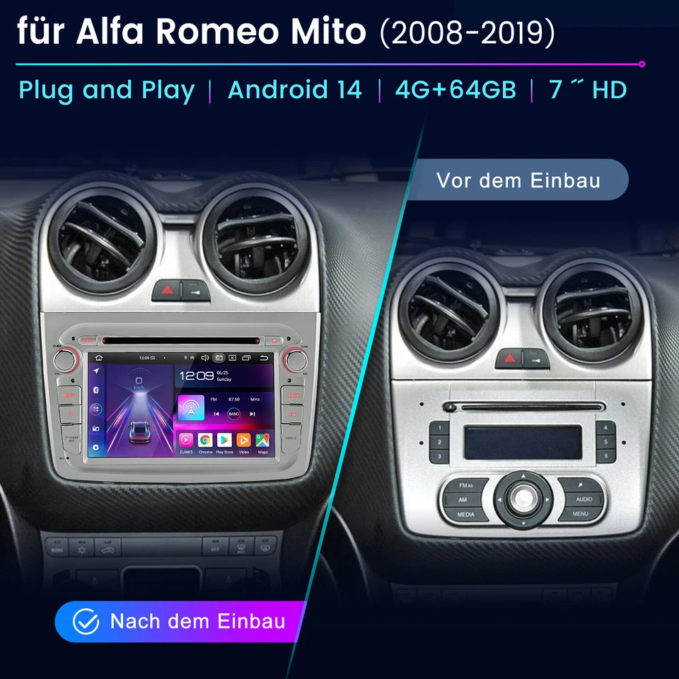 Für Alfa Romeo Mito 08-19 4+64GB Carplay Android14 Autoradio GPS Navi CD DVD DAB - Bild 2 von 4