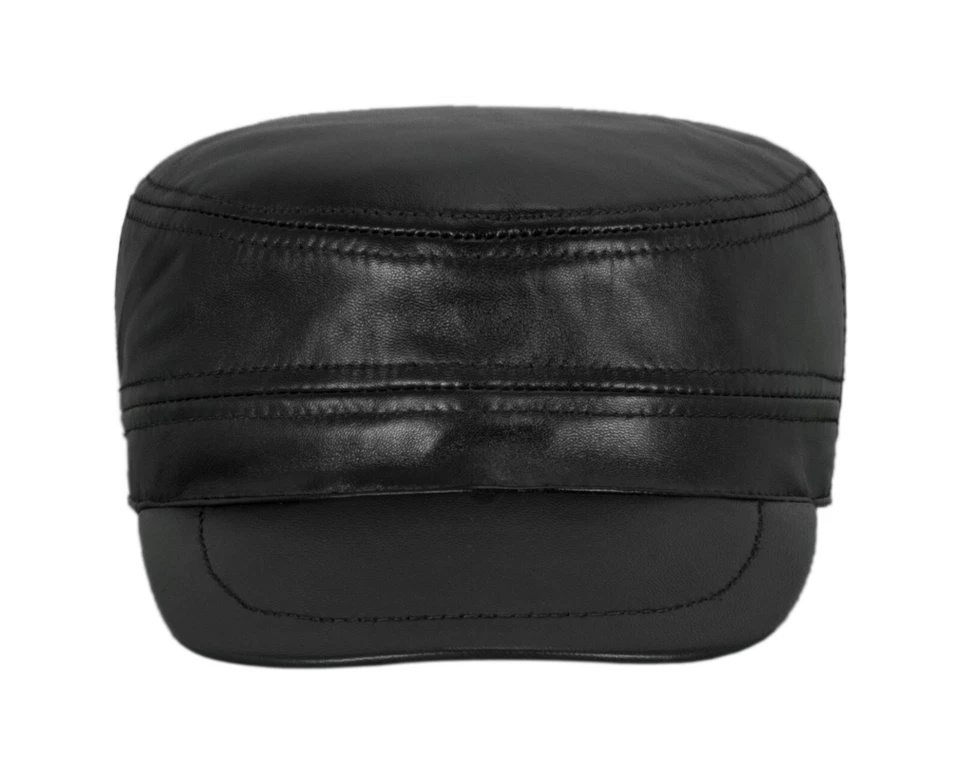Black CASTRO Cap ARMY HAT Real Lambskin Leather Military Combat Sun Cap Velro - Image 2 of 4