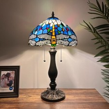 Tiffany Style Table Lamp Blue Stained Glass Dragonfly LED Bulbs 12"W 12"D 22"H
