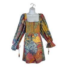 FARM Rio Summer Tapestry Smocked Tropical Palm Print Dress Sz S