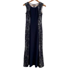 R&M Richards 4P Navy Sequin and Lace Sleeveless Formal Evening Gown Maxi Dress