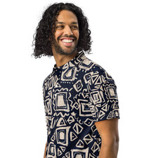 Men's Slim-Fit Polo Navy Geometric Short Sleeve Patterned Shirt Casual